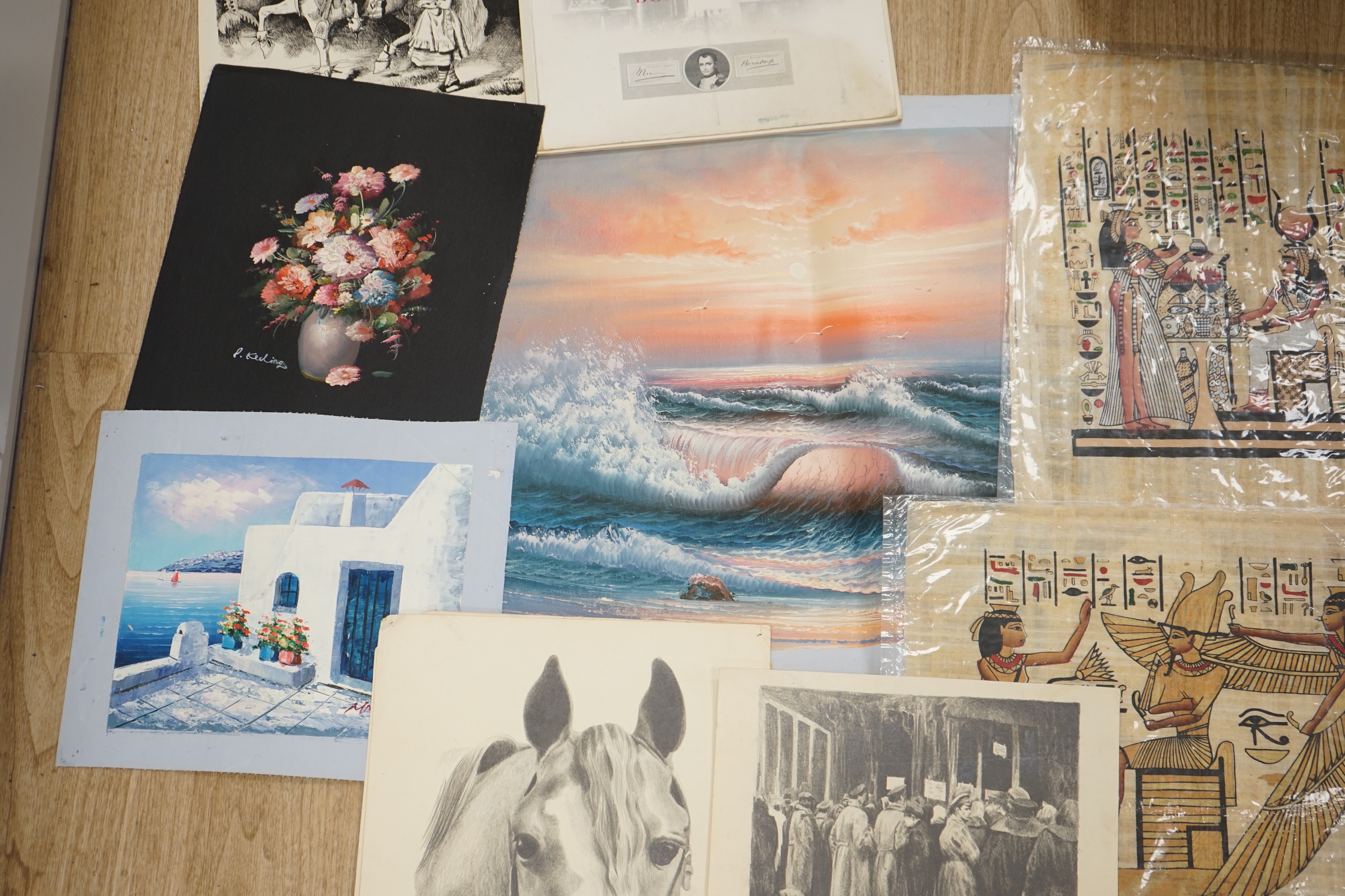 A group of assorted pictures and prints including Egyptian papyrus paintings, 41 x 33cm